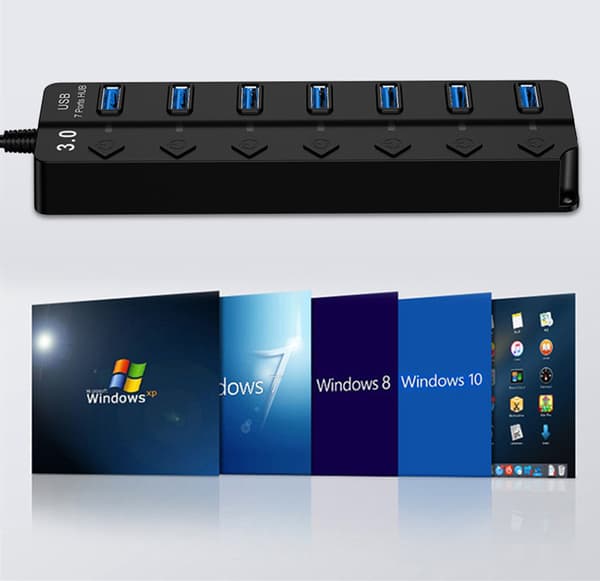 INF USB splitter USB 3.0 hub 5 Gbps 7-ports individuelle LED tænd/sluk-knapper