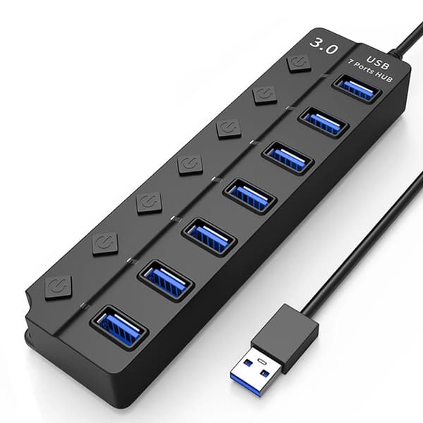 INF Hub med 7 USB 3.0-utganger, 5 Gbps og individuelle av/på-knapper