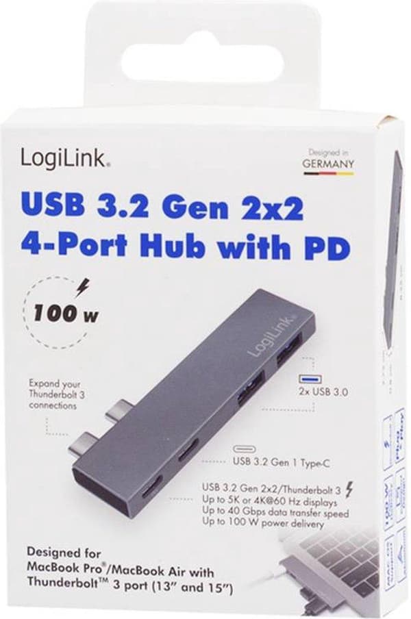 LogiLink UA0399 USB 3.2 Gen2x2 Hub 4-portar, PD, för MacBook och iPad, silver (UA0399)