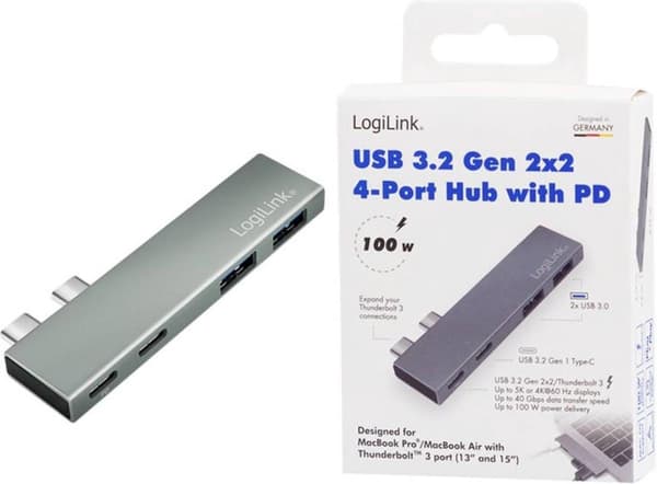 LogiLink UA0399 USB 3.2 Gen2x2 Hub 4-portar, PD, för MacBook och iPad, silver (UA0399)