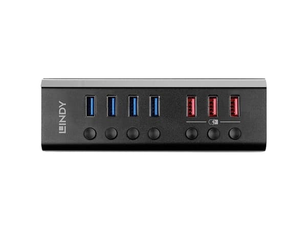 Lindy 4 Port USB 3.0 Hub med 3 Quick Charge 3.0-porter, USB 3.2 Gen 1 (3.1 Gen 1) Type-B, USB 3.2 Gen 1 (3.1 Gen 1) Type-A, 5000 Mbit/s, Sort, Acrylo