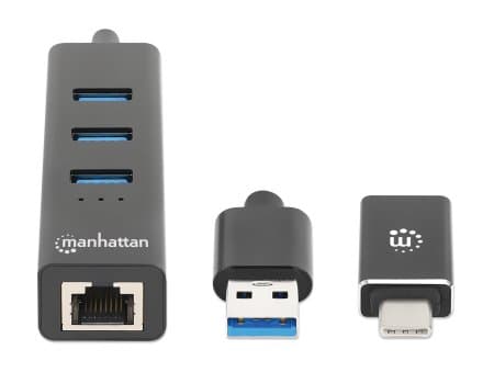Manhattan 180894, USB 3.2 Gen 1 (3.1 Gen 1) Type-A + Type-C, RJ-45, USB 3.2 Gen 1 (3.1 Gen 1) Type-A, 5000 Mbit/s, Svart, Gjuten aluminium, Rund kabe