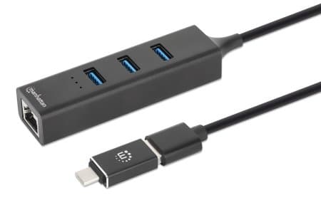 Manhattan 180894, USB 3.2 Gen 1 (3.1 Gen 1) Type-A + Type-C, RJ-45, USB 3.2 Gen 1 (3.1 Gen 1) Type-A, 5000 Mbit/s, Svart, Gjuten aluminium, Rund kabe