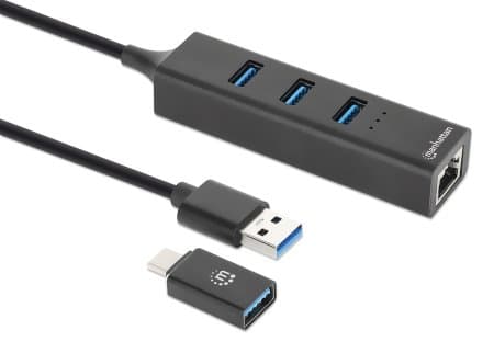 Manhattan 180894, USB 3.2 Gen 1 (3.1 Gen 1) Type-A + Type-C, RJ-45, USB 3.2 Gen 1 (3.1 Gen 1) Type-A, 5000 Mbit/s, Svart, Gjuten aluminium, Rund kabe