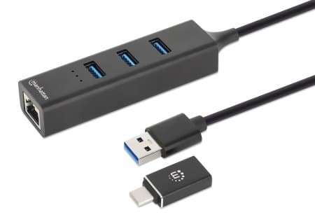 Manhattan 180894, USB 3.2 Gen 1 (3.1 Gen 1) Type-A + Type-C, RJ-45, USB 3.2 Gen 1 (3.1 Gen 1) Type-A, 5000 Mbit/s, Svart, Gjuten aluminium, Rund kabe