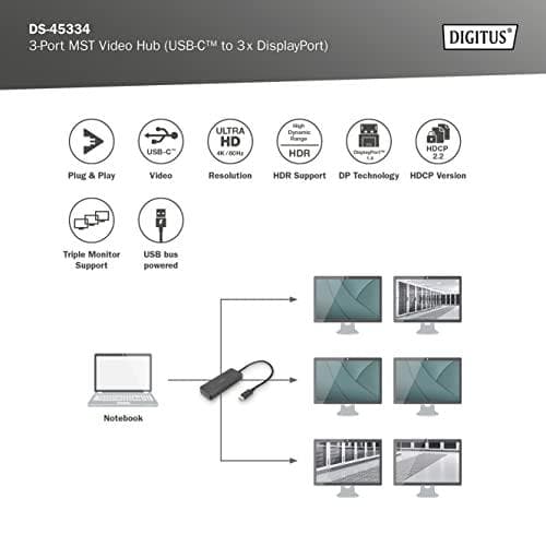 DIGITUS MST Hub - videodistributör - USB-C - 3 x DisplayPort - stationär