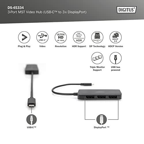 DIGITUS MST Hub - videodistributör - USB-C - 3 x DisplayPort - stationär