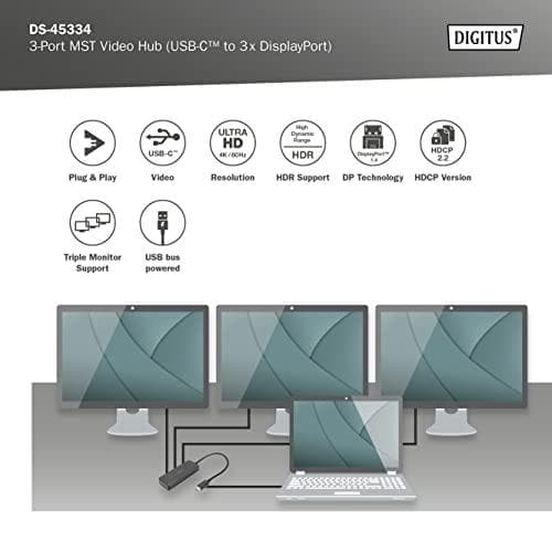 DIGITUS MST Hub - videodistributör - USB-C - 3 x DisplayPort - stationär