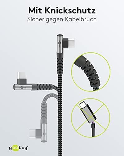 Goobay USB-C™ til USB-C™ tekstilkabel med metalstik (space grey/sølv), 90°, 2 m (64657)