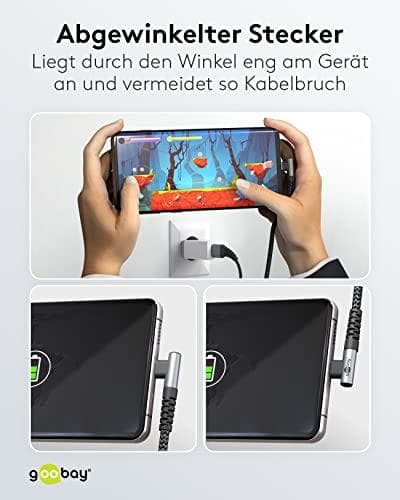 Goobay USB-C™ til USB-C™ tekstilkabel med metalstik (space grey/sølv), 90°, 2 m (64657)