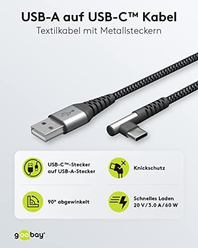 Goobay USB-C™ til USB-C™ tekstilkabel med metalstik (space grey/sølv), 90°, 2 m (64657)
