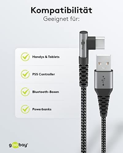 Goobay USB-C™ til USB-C™ tekstilkabel med metalstik (space grey/sølv), 90°, 2 m (64657)