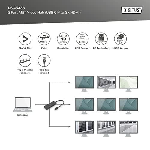 DIGITUS MST Hub - videodistributör - USB-C - 3 x HDMI - stationär