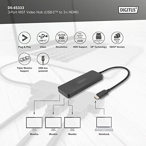 DIGITUS MST Hub - videodistributör - USB-C - 3 x HDMI - stationär