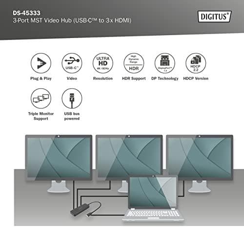 DIGITUS MST Hub - videodistributör - USB-C - 3 x HDMI - stationär