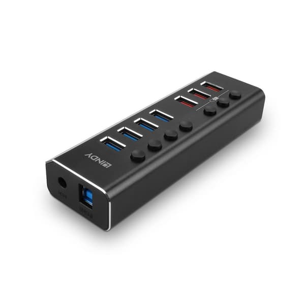 Lindy 4-ports USB 3.0-hub med 3 hurtigopladningsporte Tilslutning af op til 4 USB-enheder og ekstra hurtigopladning af 3 ekstra USB-enheder (43371)