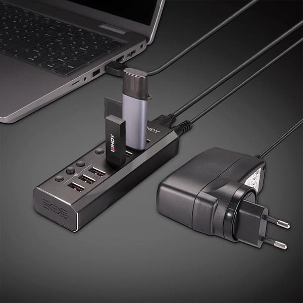 Lindy 4-ports USB 3.0-hub med 3 hurtigopladningsporte Tilslutning af op til 4 USB-enheder og ekstra hurtigopladning af 3 ekstra USB-enheder (43371)