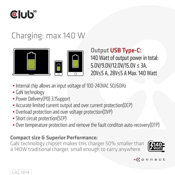 Club 3D - Strømforsyning - GaN teknologi - 140 Watt - 5 A - Strømforsyning 3.1 (24 pin USB-C) - på kabel: USB-C