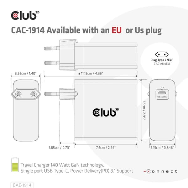 Club 3D - Strømforsyning - GaN teknologi - 140 Watt - 5 A - Strømforsyning 3.1 (24 pin USB-C) - på kabel: USB-C