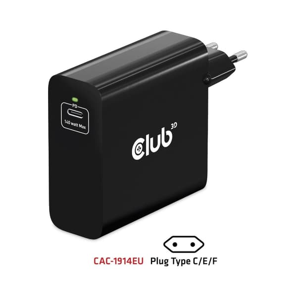 Club 3D - Strømforsyning - GaN teknologi - 140 Watt - 5 A - Strømforsyning 3.1 (24 pin USB-C) - på kabel: USB-C