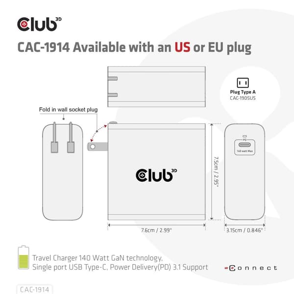 Club 3D - Strømforsyning - GaN teknologi - 140 Watt - 5 A - Strømforsyning 3.1 (24 pin USB-C) - på kabel: USB-C