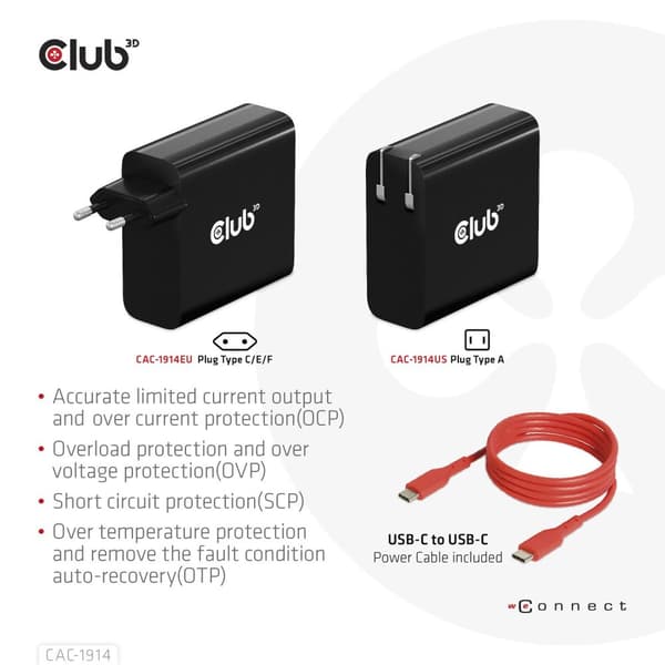 Club 3D - Strømforsyning - GaN teknologi - 140 Watt - 5 A - Strømforsyning 3.1 (24 pin USB-C) - på kabel: USB-C