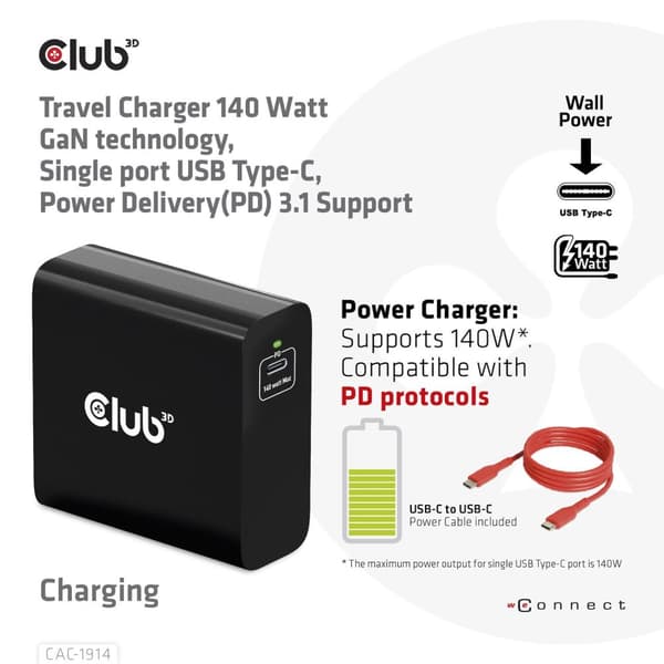 Club 3D - Strømforsyning - GaN teknologi - 140 Watt - 5 A - Strømforsyning 3.1 (24 pin USB-C) - på kabel: USB-C