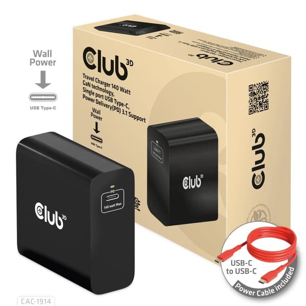 Club 3D - Strømforsyning - GaN teknologi - 140 Watt - 5 A - Strømforsyning 3.1 (24 pin USB-C) - på kabel: USB-C