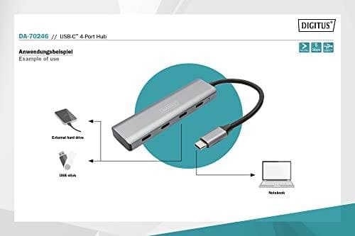 Digitus USB-C 4 -porttinen HUB - USB 3.2 Gen 1 (3.1 Gen 1) Type-C - USB 3.2 Gen 1 (3.1 Gen 1) Type-C - 5000 Mbit/s - Harmaa - Alumiini - Pyöreä kaapel