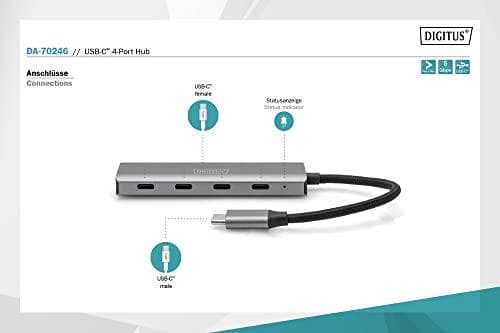 Digitus USB-C 4 -porttinen HUB - USB 3.2 Gen 1 (3.1 Gen 1) Type-C - USB 3.2 Gen 1 (3.1 Gen 1) Type-C - 5000 Mbit/s - Harmaa - Alumiini - Pyöreä kaapel