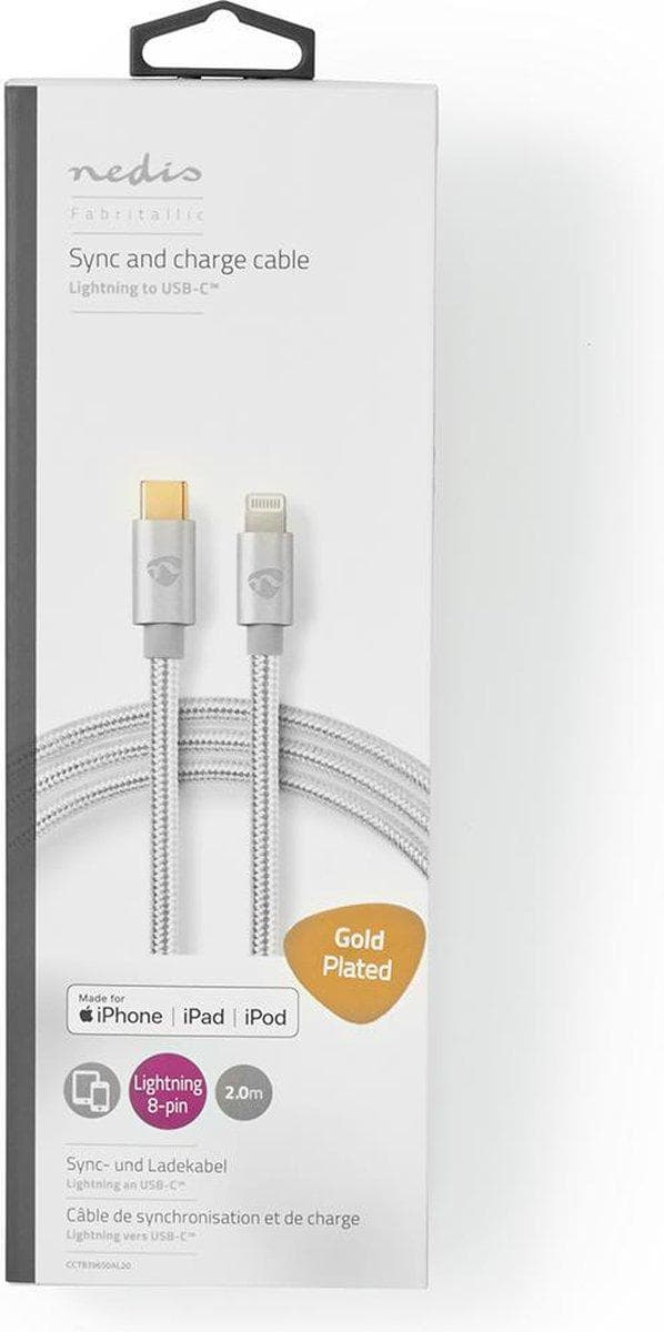 Nedis USB-kabel | USB 2.0 | Apple Lightning 8 Pin | USB-C™ han | 480 Mbps | forgyldt | 2,00 m | runde | Strikket / Nylon | Aluminium | Dæk vindueskass