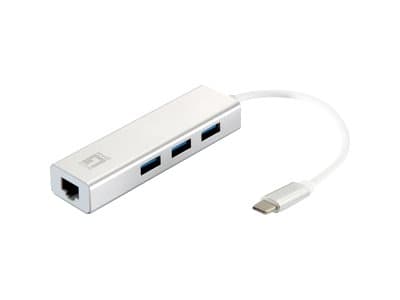 LevelOne USB-0504 - Hubb - 3 x SuperSpeed USB 3.0 + 1 x 10/100/1000 - skrivbordsmodell Silver