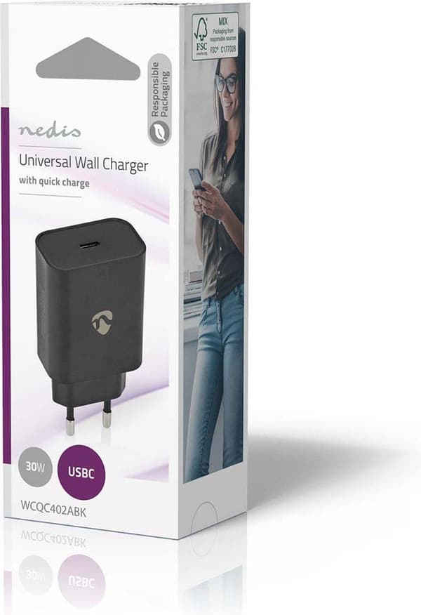 Nedis netoplader 32 W Hurtig opladning 1,5 2,0 2 - Antal stikkontakter: 1, USB-C™, Automatisk spændingsvalg (WCQC402ABK)