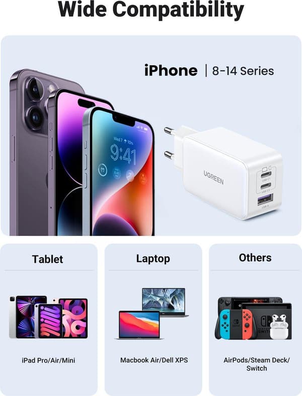 Nexode USB-A+2*USB-C 65W GaN Tech hurtigoplader hvid (15334)