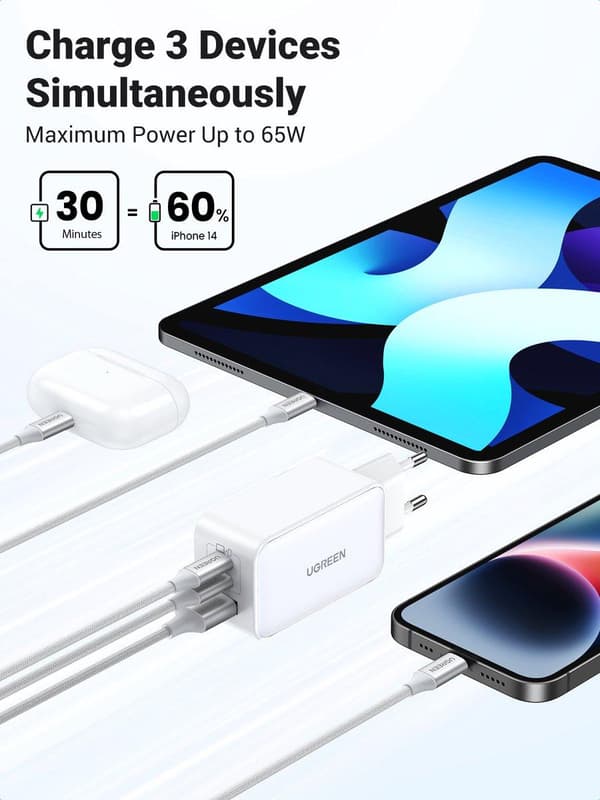 Nexode USB-A+2*USB-C 65W GaN Tech hurtigoplader hvid (15334)