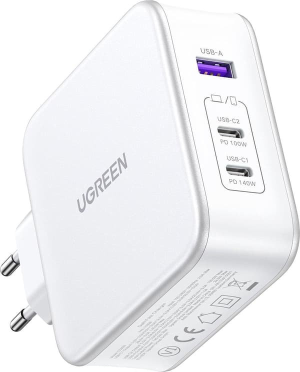 UGREEN Nexode USB-A+2*USB-C 140W GaN hurtigoplader+USB-C-kabel wht (15339)