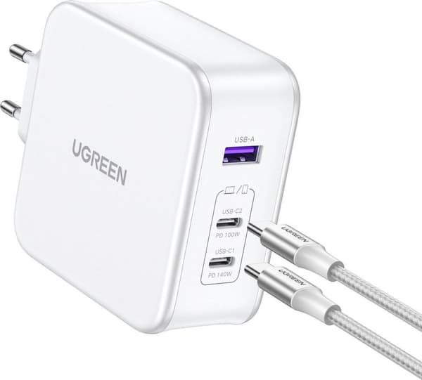 UGREEN Nexode USB-A+2*USB-C 140W GaN hurtigoplader+USB-C-kabel wht (15339)