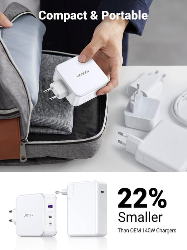 UGREEN Nexode USB-A+2*USB-C 140W GaN hurtigoplader+USB-C-kabel wht (15339)