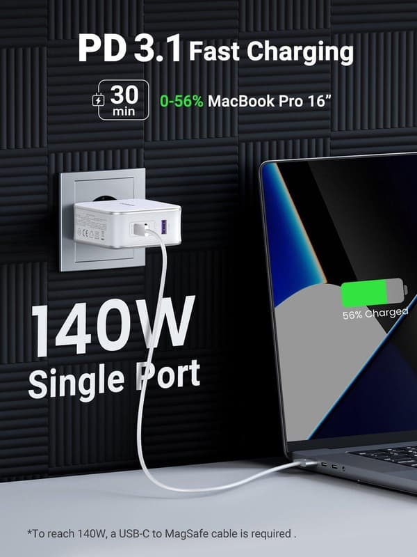 UGREEN Nexode USB-A+2*USB-C 140W GaN hurtigoplader+USB-C-kabel wht (15339)