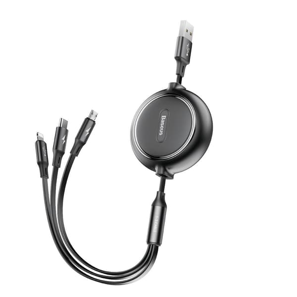 Baseus 3in1 USB-kaapeli ulosvedettävä 35-120cm - musta