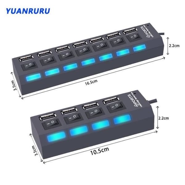 7 Port Black - USB 2.0 Hub 7 Port USB Hub, Splitter, Multiple Expander, USB Adapter med Switch