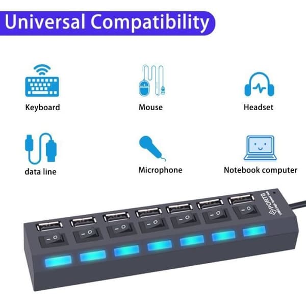 7 Port Black - USB 2.0 Hub 7 Port USB Hub, Splitter, Multiple Expander, USB Adapter med Switch