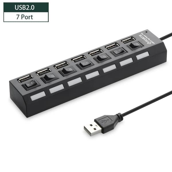 USB2.0 Black 7 Port - High Speed USB Hub Flera externa portar, USB Splitter Adapter, Expander, en