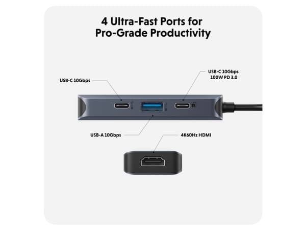 HYPER HD4001GL, USB 3.2 Gen 1 (3.1 Gen 1) Type-C, USB 3.2 Gen 1 (3.1 Gen 1) Type-C, 10000 Mbit/s, 60 Hz, 3840 x 2160, Blå, Grå