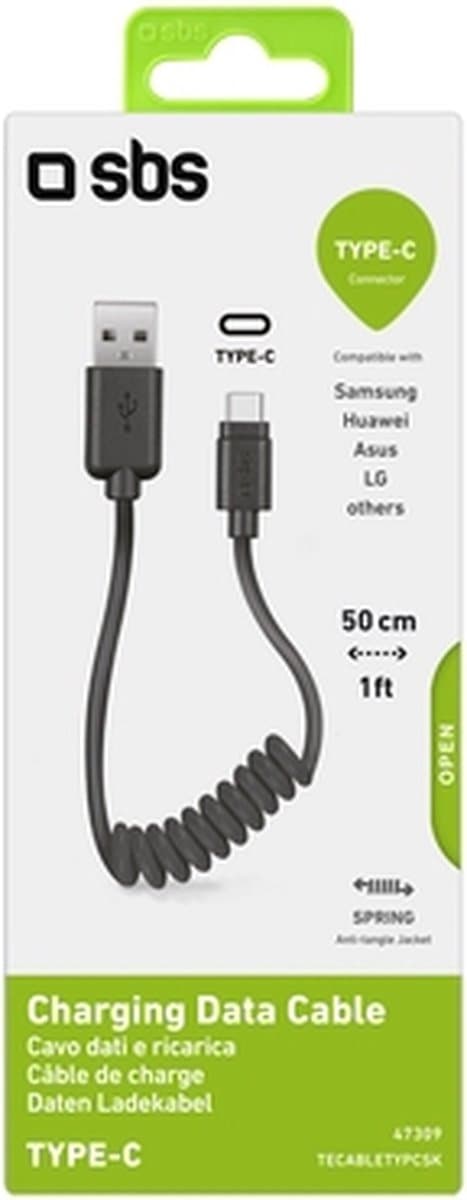 SBS Spiral USB-A till USB-C Kabel 0,5 Meter - Svart