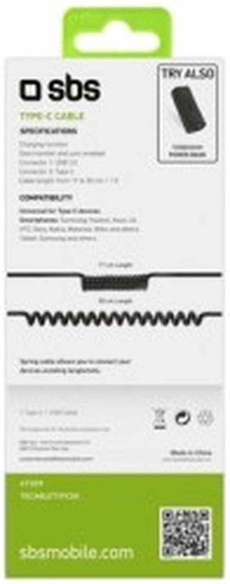 SBS Spiral USB-A till USB-C Kabel 0,5 Meter - Svart