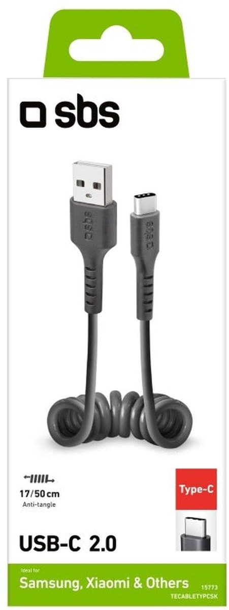 SBS Spiral USB-A till USB-C Kabel 0,5 Meter - Svart