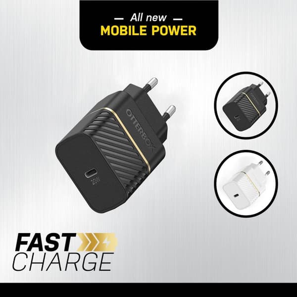 OtterBox vægoplader - Strømforsyning - 20 watt (24 pin USB-C) - Sort - Europa (ikke til Storbritannien, Irland, Malta, Cypern)