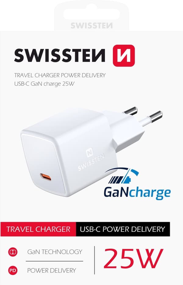 Swissten USB-C -pikalaturi - GaN-tekniikka - sopii Apple iPhone 7/8/SE/X/XS/XR/11/12/13/14 - Pro/Pro Max/Mini/Plus - 25W - Valkoinen
