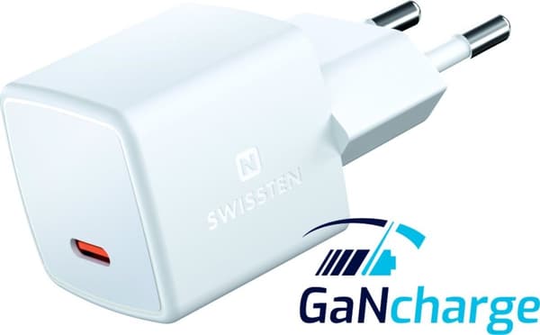 Swissten USB-C -pikalaturi - GaN-tekniikka - sopii Apple iPhone 7/8/SE/X/XS/XR/11/12/13/14 - Pro/Pro Max/Mini/Plus - 25W - Valkoinen